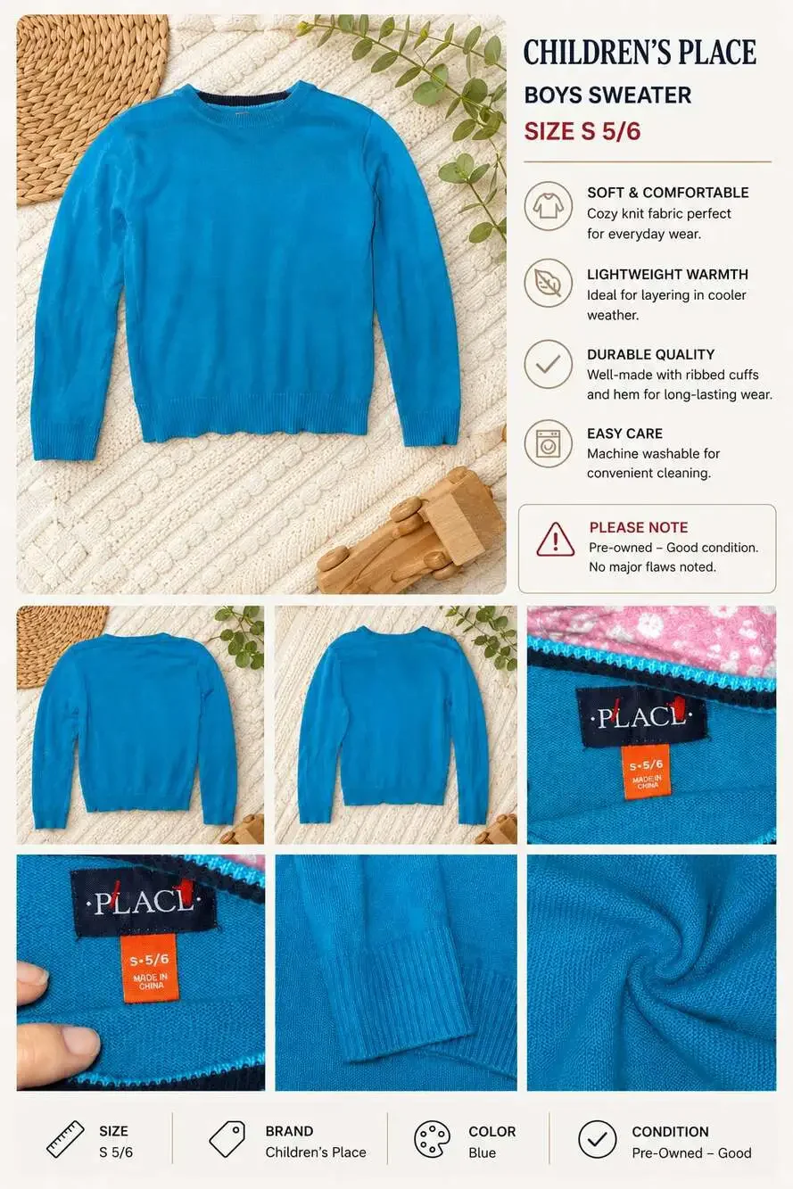 The Children's Place Boys Blue Long Sleeve Crewneck Sweater Size S 5/6